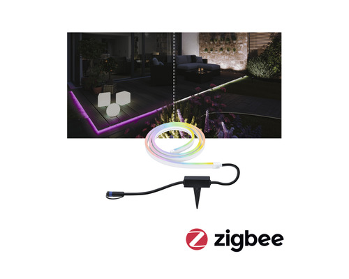 LED-ljusslang med markspett och Zigbee-logotyp