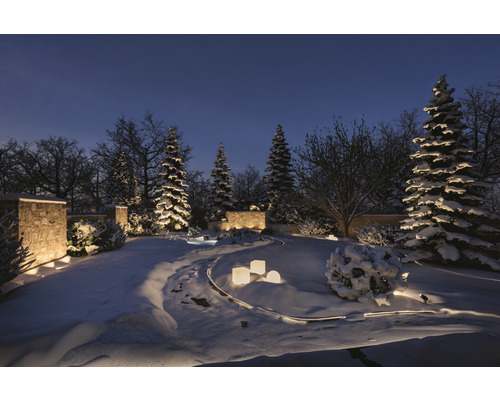 Vinterträdgård med snö och trädgårdsbelysning