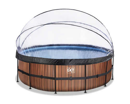 Rund pool med träpanel och transparent täckning