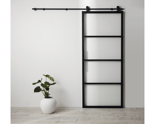 Skjutdörr med glasfyllning och svart ram, inklusive monteringssats