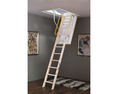 Utfälld vindstrappa i trä med räcke