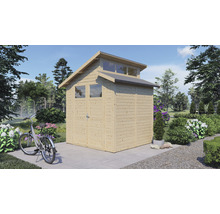 Trädgårdshus i trä med fönster och cykel i trädgården