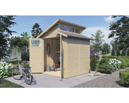 Trädgårdshus i trä med öppna dörrar, fönsterrad och cykel framför