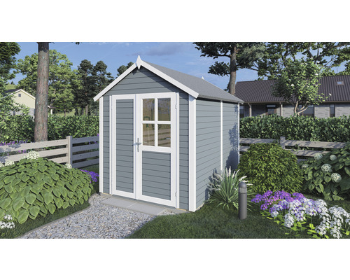 Trädgårdsskjul i trä med dörr och fönster i trädgården