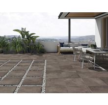 Terrass med klinkergolv, möbler och växter