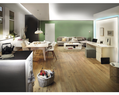 Ljus inredning med trägolv, matbord, soffa och arbetsplats