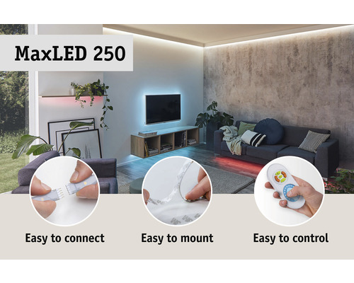 MaxLED 250 LED-strip i vardagsrum med enkel anslutning, montering och styrning med fjärrkontroll.