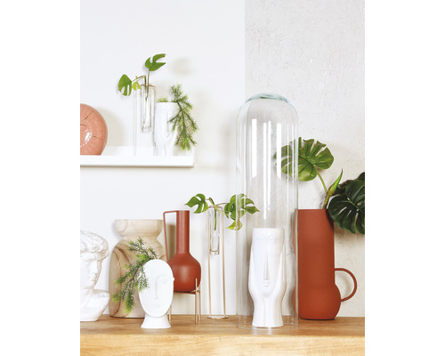 Dekorativ arrangemang med vaser, glaskupa och växter på en hylla.