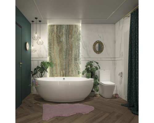 Modernt badrum med badkar, toalett, spegel och växter