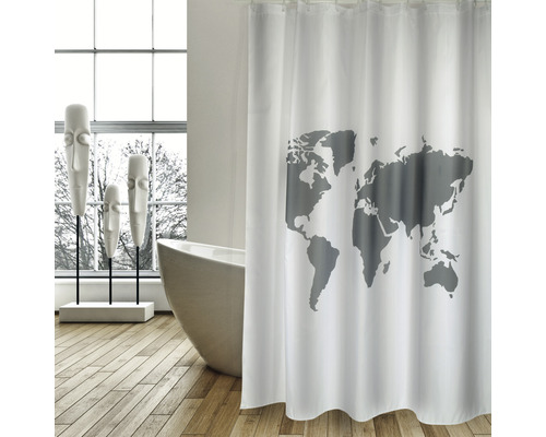 Duschdraperi MSV Amazon Världskarta grå vit 180x200 cm