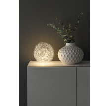 Dekorativ bordslampa i form av ett klot bredvid en vas med växter på ett skåp