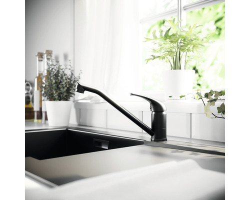 Svart köksblandare bredvid diskho och fönsterbräda med krukväxter.