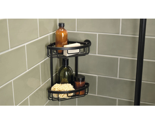 Hörnhylla med två hyllor i badrummet