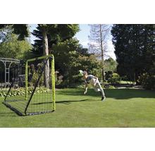 Pojke nickar boll framför fotbollsmål i trädgården.