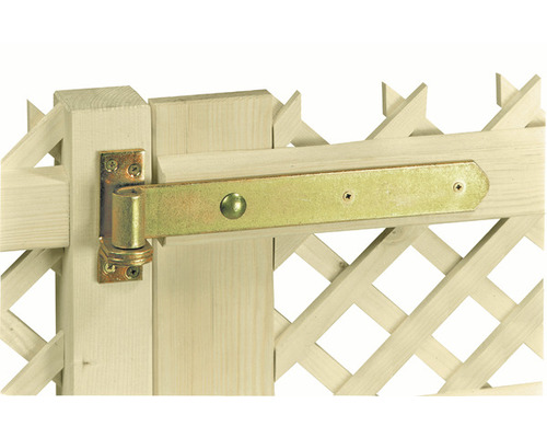 Grindgångjärn med platta och skruvar på ett trästaket