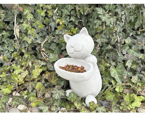 Kattmatsdispenser i form av en katt mot en bakgrund av murgröna