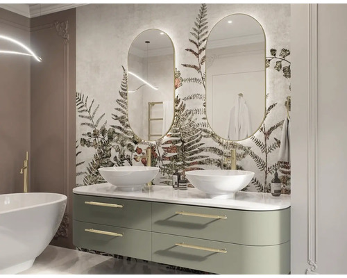 Modernt badrum med dubbla handfat, speglar, botanisk tapet och fristående badkar.