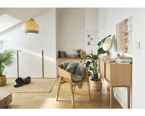 Ljust rum med trämöbler, matta och krukväxter för en vänlig atmosfär
