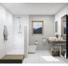 Modernt badrum med dusch, handfat och toalett.