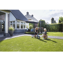 Trädgård med gräsmatta, trädgårdsmöbler och lekande barn