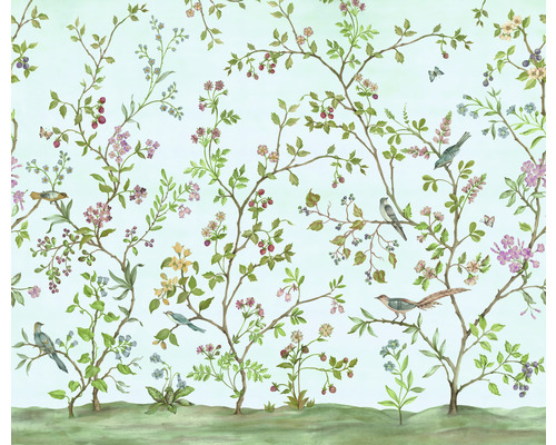 Tapet med fågel-, blom- och bärmönster