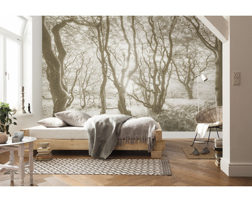 Utsikt över ett sovrum med fototapet, säng och stol