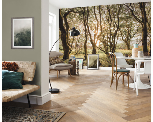 Vardagsrum med fototapet av en skog, soffa, fåtölj, bord och parkettgolv