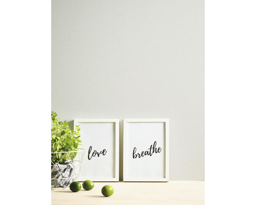 Dekorativa fotoramar med inskriptionerna kärlek och andas, tillsammans med en växt och limefrukter på ett bord.