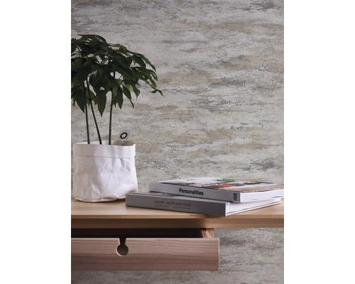 Dekorativ väggdesign med växt i kruka och böcker på ett träbord