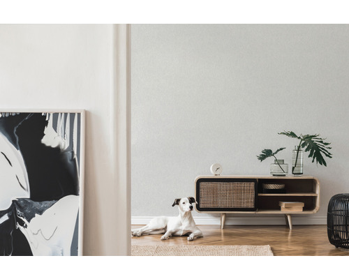 Vardagsrum med träskänk, dekoration och hund