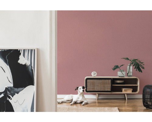 Vardagsrum med rosa väggfärg, skänk och hund