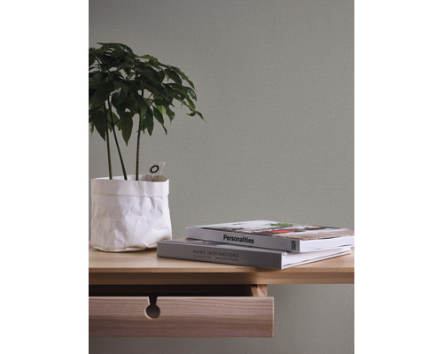 Närbild av ett bord med växt, böcker och öppen låda mot en strukturerad vägg