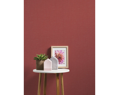 Dekorativ scen med växt, dekorationshus och fotoram på ett sidobord mot en röd vägg