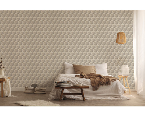Sovrum med strukturerad, geometrisk tapet
