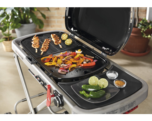 Grill med grillade ingredienser som grönsaker och köttspett