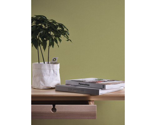 Dekorativt stilleben med krukväxt, böcker och ett bord med låda