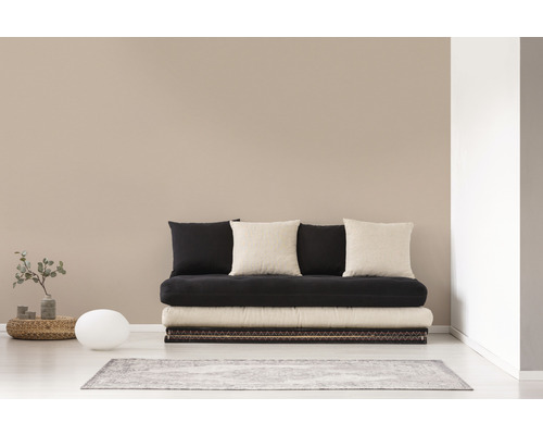 Futon med kuddar på en matta i ett vardagsrum