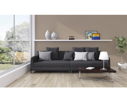 Vardagsrum med soffa, soffbord, hylla och krukväxt