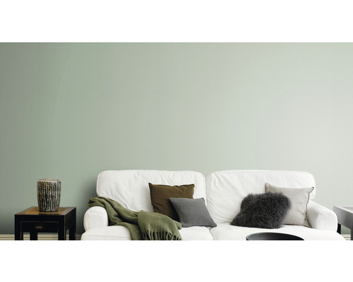 Vardagsrum med soffa, kuddar och väggfärg