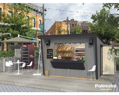 Träkiosk med brödhyllor, dryckeskyl och uteservering