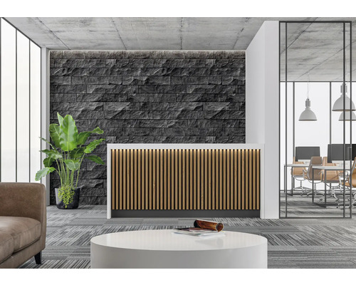 Reception med receptionsdisk, stenmur och krukväxt