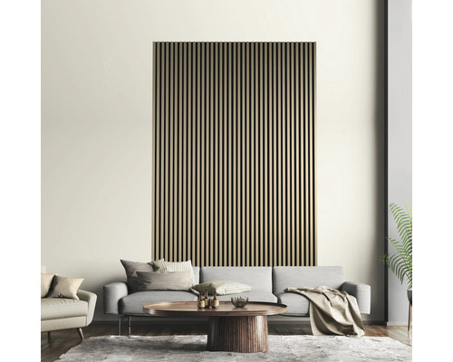 Vardagsrum med akustikpanel på väggen bakom en soffa