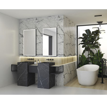 Ljust badrum med två handfat, speglar, badkar och växter