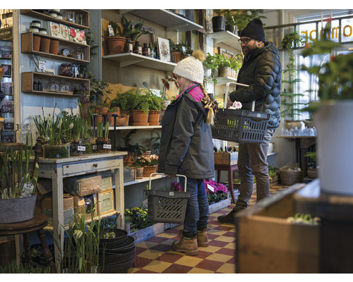 Kunder som handlar växter i ett trädgårdscenter med hyllor med växter och trädgårdsredskap