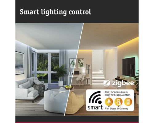 Smart belysning i vardagsrum med Zigbee-teknik.