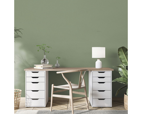 Modern arbetsplats med skrivbord, stol och krukväxter