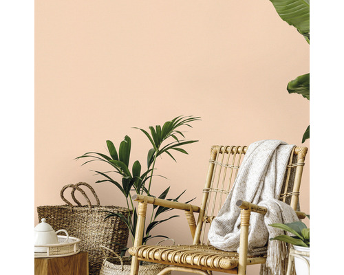 Dekorativt boende med rottingfåtölj och krukväxter framför en vägg