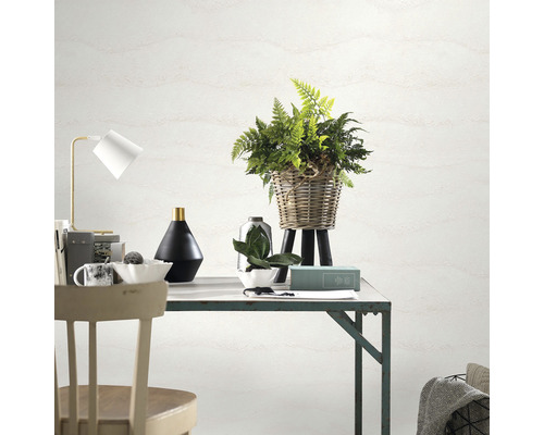 Miljöbild med skrivbord, skrivbordslampa, dekoration och krukväxter