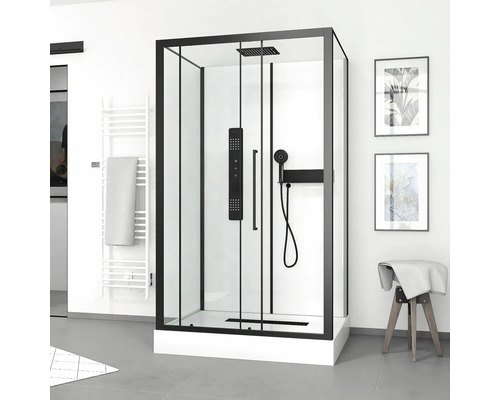 Duschkabin AURLANE Urban 2 svart klarglas ljus komplett set 90x115 cm CAB248 Dusch med svart ram och duschsystem i ett badrum