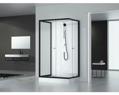 Modernt badrum med duschkabin, handfat och spegel